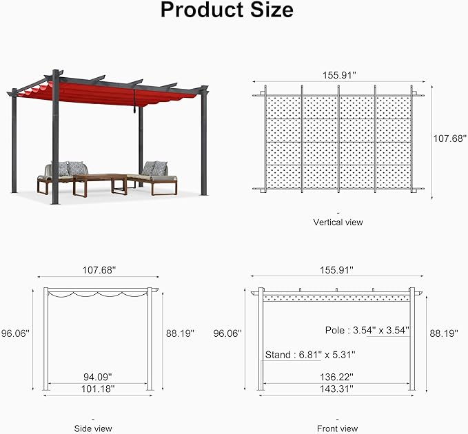 PURPLE LEAF 9.5' X 13' Outdoor Retractable Pergola Against The Wall with Shade Canopy Patio Aluminum Shelter for Porch Garden Pavilion Grill Gazebo Modern Backyard Metal Grape Trellis Pergola, Terra