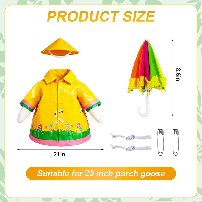 Raincoat Porch Goose Outfits, Yellow Raincoats Costume with Umbrella for 23 Inch Lawn Goose, Yard Goose Clothes Rain Jacket Umbrella Hat Outfit for Patio Yard Decor (Raincoat)