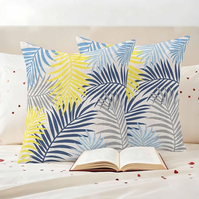 Outdoor Waterproof Throw Pillow Covers, Blue Yellow Grey Palm Leaves Decorative Pillow Cases, Summer Botanical Tropical Leaf Couch Pillow Protector Patio Sofa Cushion Covers Replacement 20"x20" 2 Pack