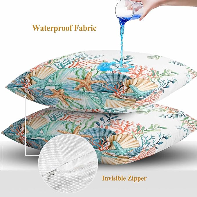 Throw Pillow Covers 24x24 Inch Set of 2, Marine Life Waterproof Outdoor Pillow Covers, Nautical Underwater Coral Shell Starfish Watercolor Decorative Cushion Pillowcases for Couch, Sofa, Bed, Patio