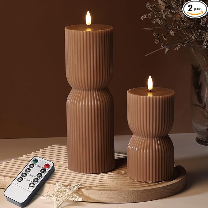 Warm Brown Ribbed Flameless Pillar Candles with Remote, Real Wax Flickering Battery LED Candles Christmas Decor Gift Set of 2