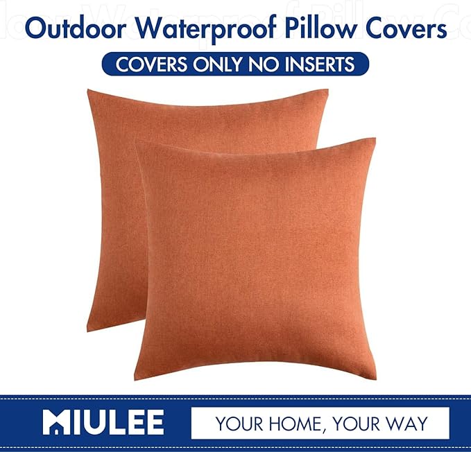 MIULEE Pack of 2 Outdoor Waterproof Throw Pillow Cover Linen 18x18 inch Orange with 2 Pack of Outdoor Pillow Inserts