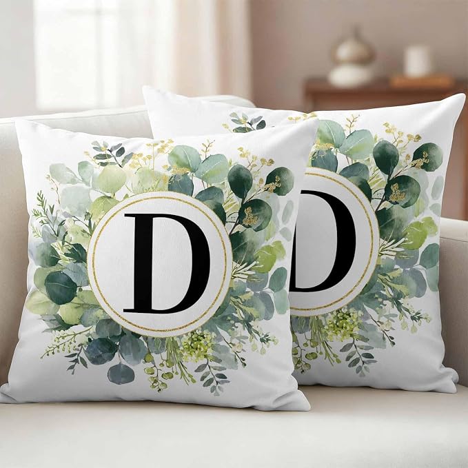 Letter D Waterproof Outdoor Pillow Covers Set of 2 Home Decor, Alphabet Green Eucalyptus Leaves Pillowcase Patio Pillow Covers for Couch Bench Patio Furniture Garden 24x24in