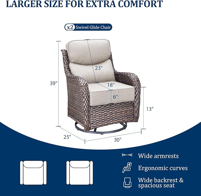 Luxury Swivel Rocker Chairs Set with 6" Thick Cushion - Wicker Outdoor Swivel Rocker Patio Chair High Back Comfortable Outdoor patio furniture set Glider Chairs set - Brown Wicker | Beige Cushions