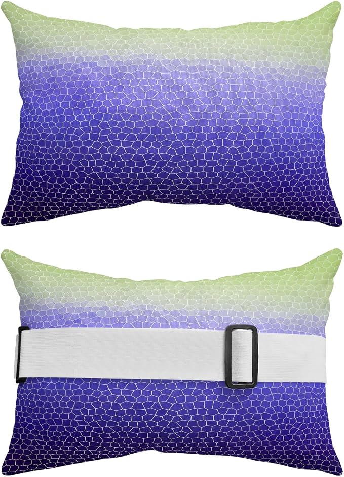 Chaise Lounge Headrest Pillow 1 Pack, Green Purple Ombre Waterproof Chair Pillows with Insert & Adjustable Elastic Strap for Beach Pool Recliner, Geometric Stained Glass Outdoor Patio Pillow