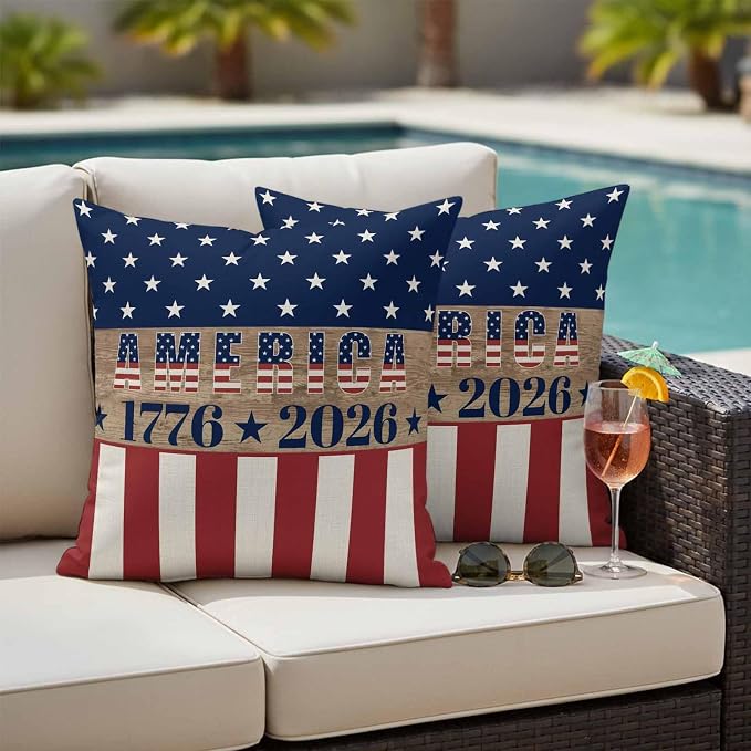 250th Anniversary Outdoor Pillow Covers 18"x18" Set of 2, Waterproof Throw Pillow Covers for Patio Furniture, USA Flag Red Striped Blue Star Retro Decorative Cushion Covers for Porch