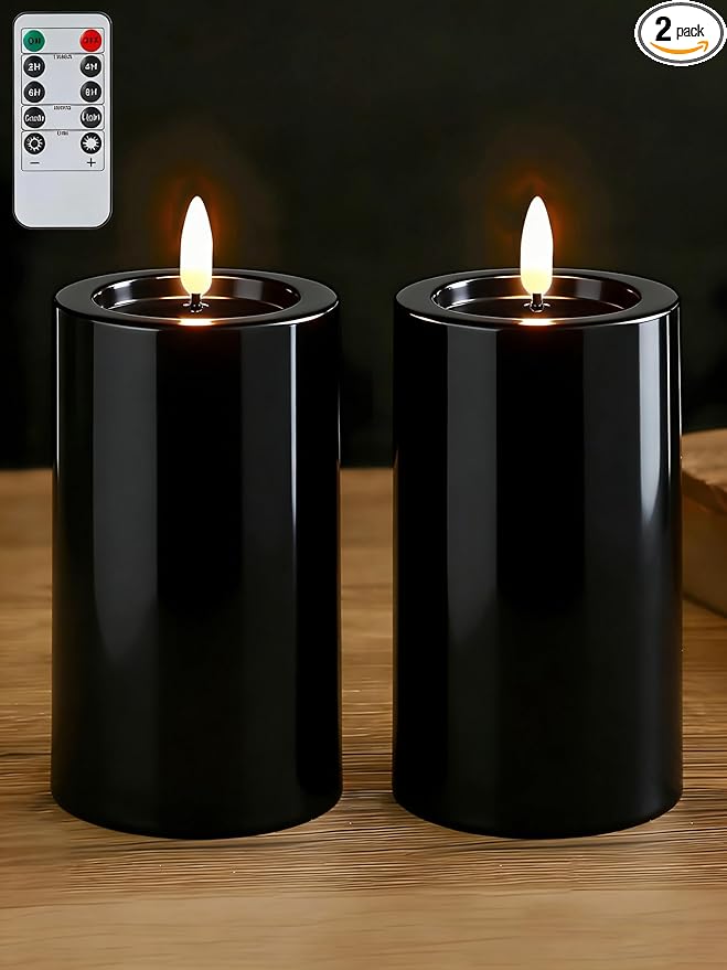 Gmnee 3"x4" Outdoor Waterproof Flameless Candles with Remote and Timers, LED Candles, Battery Operated Candles, Electric Fake Pillar Candles for Patio, Porch, and Lanterns Decor (Black, Plastic)