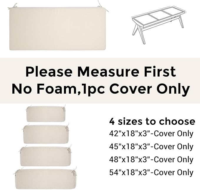 FUNHOME Outdoor Bench Cushion Cover 45 x18 x 3 inch,Water Resistant Cover with Zipper&Ties,Fade-Resistant Slipcover,Patio Porch Swing Cushion Cover Replacement Only,No Insert(Light Beige)