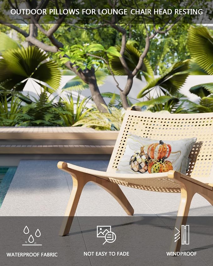 Outdoor Pillows Covers with Inserts Fall Thanksgiving Pumpkin Abstract Golden Marble Waterproof Pillow with Adjustable Strap Throw Pillows for Patio Furniture Recliner Lounge Chair, 11x16 inch, 2PCS