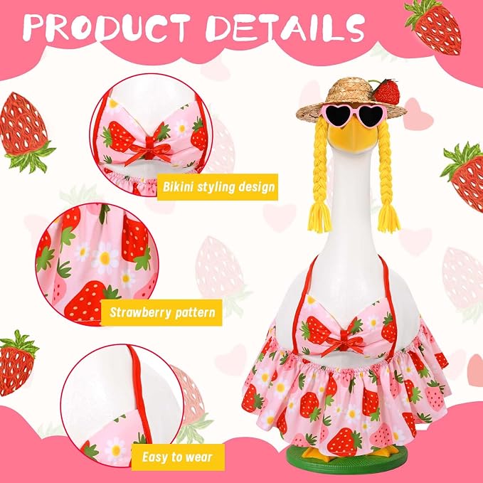 JcHrmers Bikini Goose Outfit Summer Strawberry Porch Goose Outfits Hawaiian Lawn Goose Clothes Fits 23" Cement Plastic Goose Statue for Summer Outdoor Garden Yard Patio Art Decor