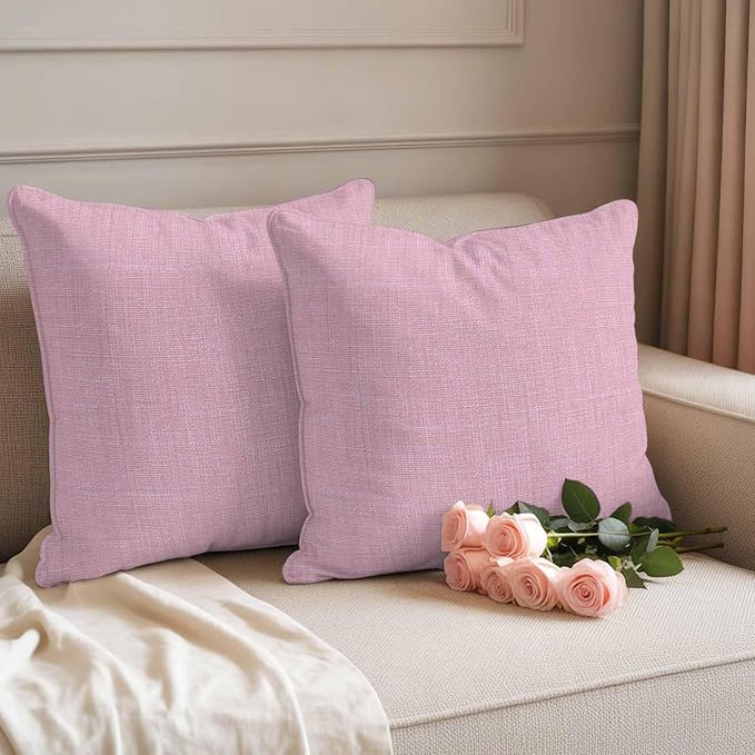 Pack of 2 Waterproof Outdoor Pillow Covers 20x20 Inch Decorative Pillow Covers Pink Burlap Texture Throw Pillowcases Farmhouse Vintage Pink Outdoor Cushion Cover for Couch, Patio, Tent