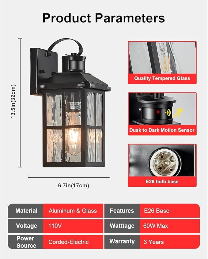 2 Pack Motion Sensor Porch Light Dusk to Dawn Outdoor Wall Light | Exterior Lighting Fixtures Modern Outside Wall Mount Coach Lamp for House Garage Patio Front Door(Black)