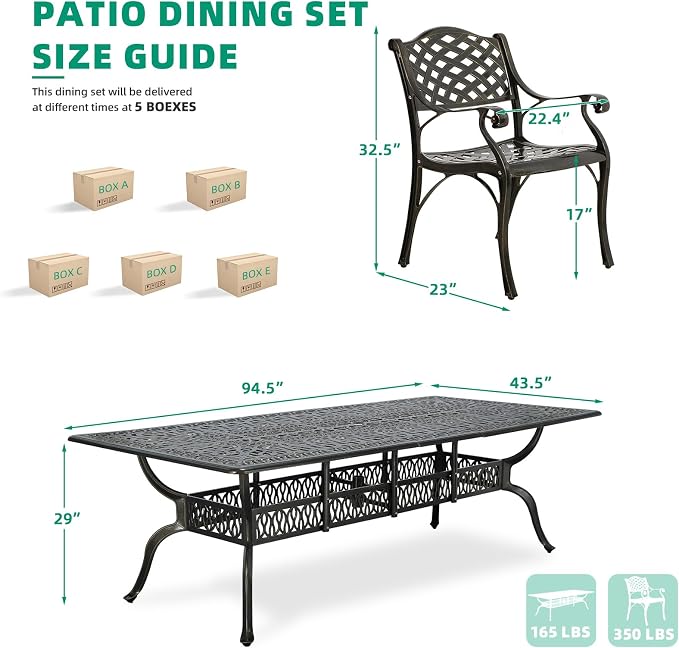 VIVIJASON 9-Piece Outdoor Dining Set for 8, All Weather Cast Aluminum Retro Patio Furniture Table and Chairs Set, Include 94.5" Rectangular Table and 8 Chairs with Umbrella Hole, Dark Bronze