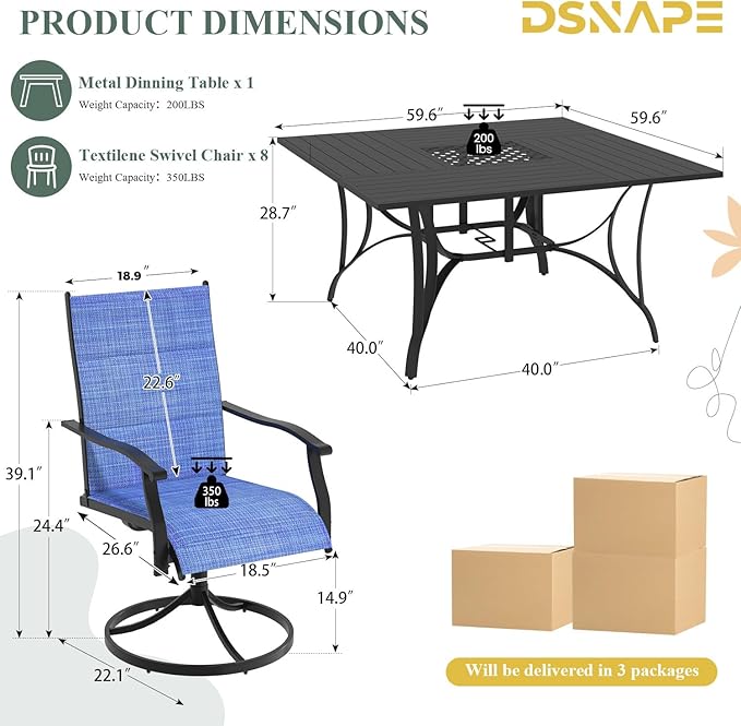 9 Pieces Patio Table and Chairs Set, 59.6" Square Dining Table with Umbrella Hole, 8 High Back Textilene Swivel Chairs,Dining Table Set for 8,Outdoor Furniture for Porch Deck Yard Balcony, Blue