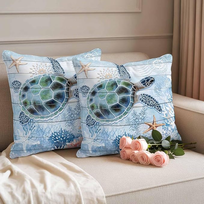 Green Sea Turtle Outdoor Waterproof Throw Pillow Covers Set of 2, 18"x18", Ocean Coral Starfish Vintage Blue Plank Decorative Pillow Covers Outside Cushion Case for Patio Porch Garden