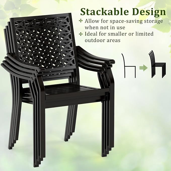 Tangkula 5 Pieces Metal Patio Dining Set, 37 Inches Square Dining Table with 4 Stackable Chairs, Slatted Table with Umbrella Hole, Outdoor Dining Furniture Set for Poolside, Deck, Backyard