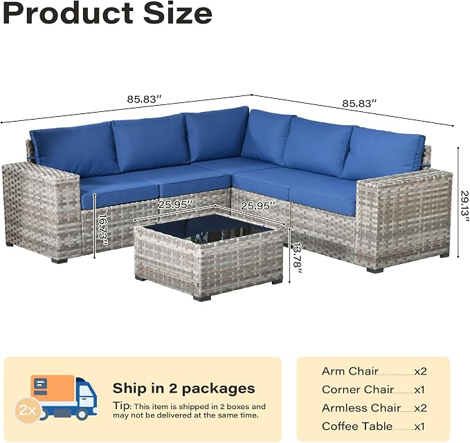 6 Pieces Patio Furniture Set, Wicker Outdoor Sectional Sofa with Coffee Table Comfy Cushions, Modern Modular Deep Seat Rattan Couch Conversation Set for Backyard Porch Yard,Navy Blue