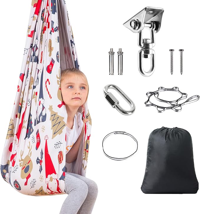 Therapy Swing Hammock Kids Cuddle Sensory Swing Indoor Therapeutic Hammock 360° Rotating Double Layer Elastic Rocking Cloth Swing Gifts for Children with ADHD SPD Asperger Autism (Christmas)
