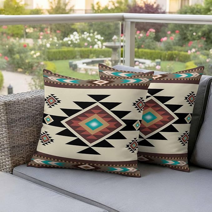 Southwest Geometric Waterproof Outdoor Pillow Covers 16''x16'' Set of 2, Brown Mexican Aztec Boho Tribal Patio Furniture Cushion Covers for Chairs, Decorative Pillow Cases for Garden/Pool/Beach