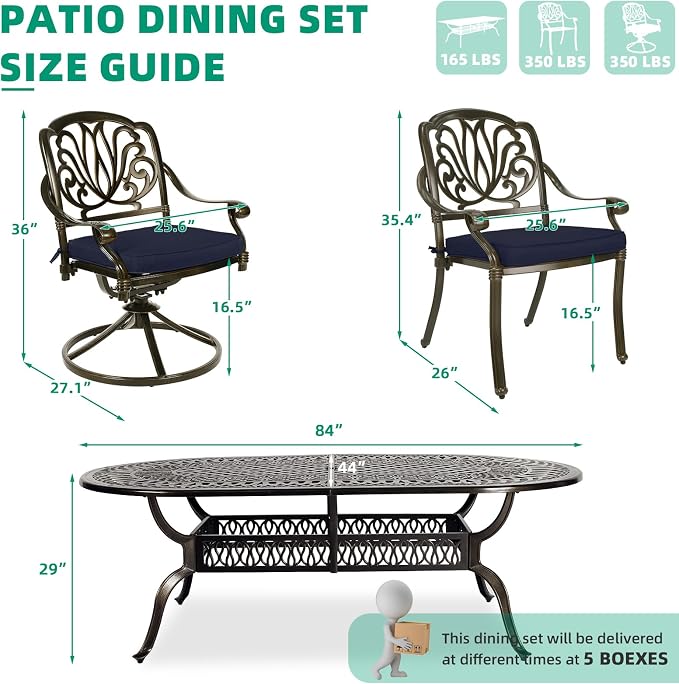 VIVIJASON 9-Piece Outdoor Furniture Dining Set, All-Weather Cast Aluminum Patio Conversation Set, Include 6 Stationary Chairs, 2 Swivel Dining Chairs, Oval Table with Umbrella Hole, Navy Blue Cushion