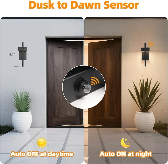 16.5'' LED Outdoor Wall Sconce Dusk to Dawn Outdoor Lighting, Modern Exterior Lighting Fixtures, Black LED Front Porch Lights Outside Wall Mount Lights for House, Hallway, 3000K, 2 Pack