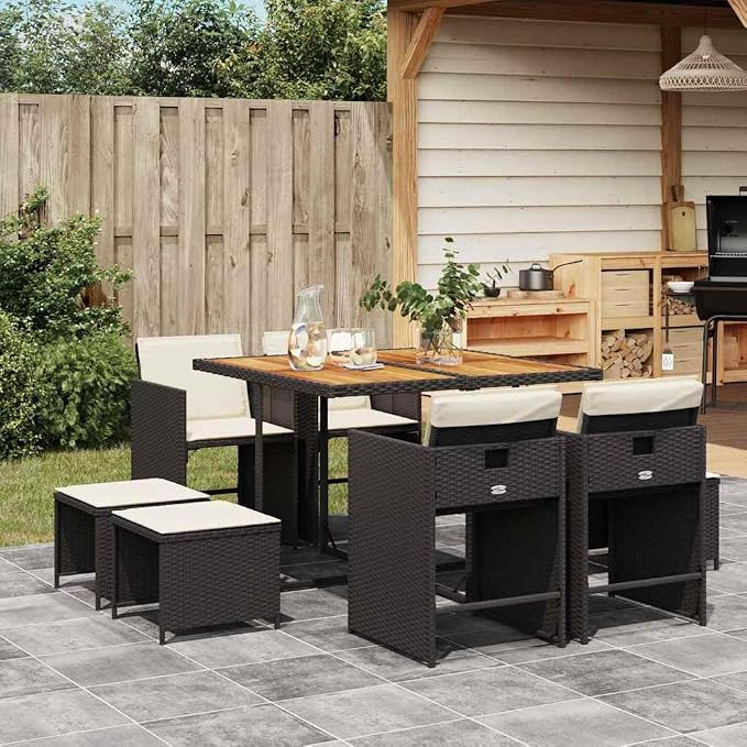 9 Piece Garden Dining Set in Black, Cream White, and Brown, Acacia Wood and Poly Rattan Patio Set with Cushions, Seats 8 for Outdoor Meals