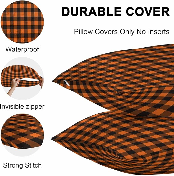 Outdoor Waterproof Throw Pillow Covers Set of 2 Orange Buffalo Plaid Pillowcases 20x20 Inches Pastoral Black Checked Decorative Pillows Cushion Case Patio Pillows for Couch Bed Chair Garden