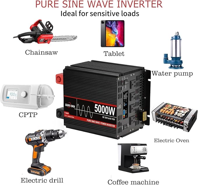 5000 Watt Pure Sine Wave Power Inverter, 12V DC to 110V/120V AC Converter 10000W Peak, with Remote Control LCD, 4 AC Outlets & USB Port & Hardwire Terminal, for Car Truck RV Camping Solar System EPS