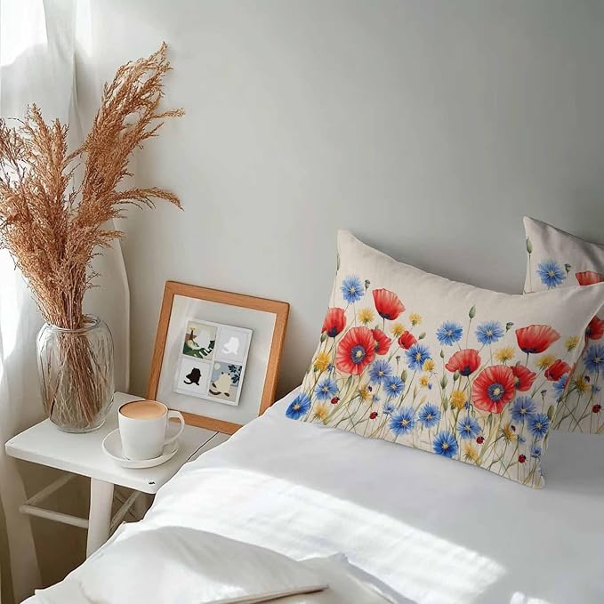 Red Flower Waterproof Outdoor Pillow Covers Set of 2 Home Decor, Blue Garden Blossom Floral Independence Day Pillowcase Patio Pillow Covers for Couch Bench Furniture Garden 20x12in