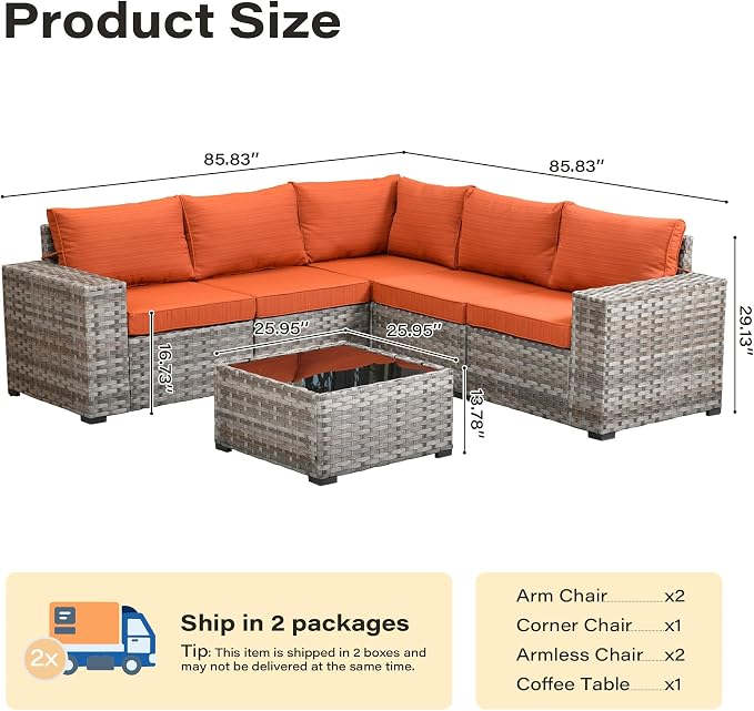6 Pieces Patio Furniture Set, Wicker Outdoor Sectional Sofa with Coffee Table Comfy Cushions, Modern Modular Deep Seat Rattan Couch Conversation Set for Backyard Porch Yard,Orange