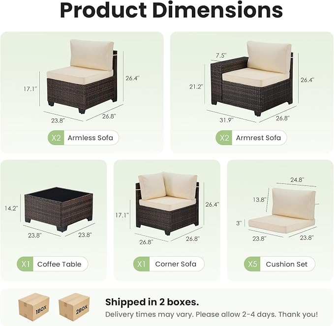 Soohow 6-Piece Patio Furniture Set All-Weather Outdoor Wicker Sectional Conversation Set with Cushion and Glass Table for Garden, Porch, Backyard, Beige Cushions