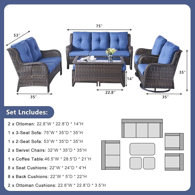 Rilyson Wicker Patio Furniture Set - 7 Piece Rattan Outdoor Sectional Conversation Sets with 2 Rocking Swivel Chairs,2 Ottomans,1 Sofa,1 Loveseat and 1 Coffee Table for Porch Deck(Brown/Blue)