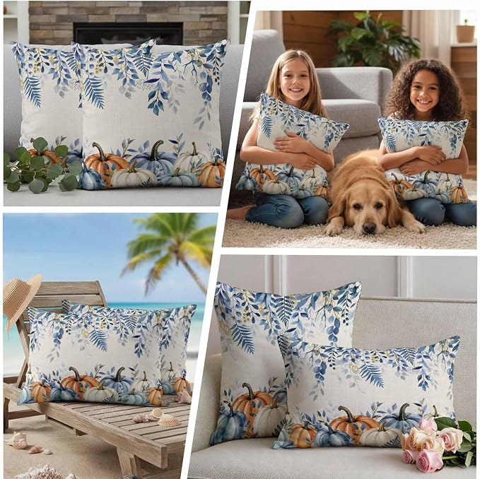 Orange Blue Fall Waterproof Outdoor Pillow Covers 18''x18'' Set of 2, Thanksgiving Eucalyptus Berry Leaves Patio Cushion Covers for Chairs, Decorative Pumpkin Beige Pillow Cases for Garden/Pool/Beach