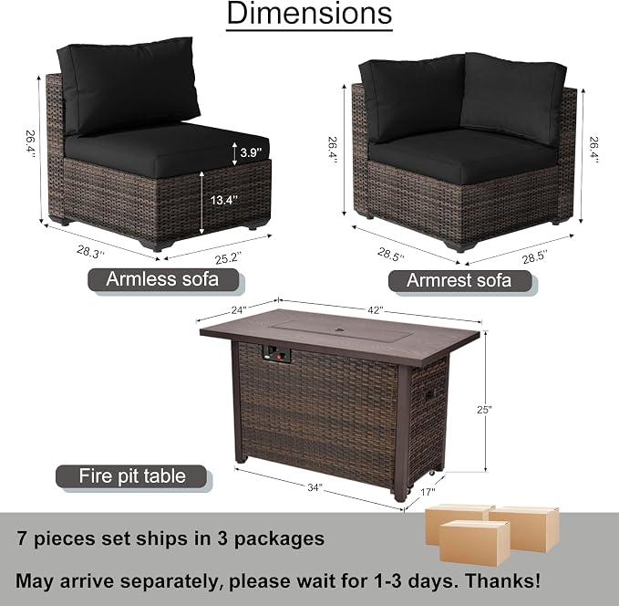 7 Piece Outdoor Patio Furniture Set with 42" Fire Pit, Wicker Furniture Sectional Conversation Sofa Set with Comfortable Cushions, Black