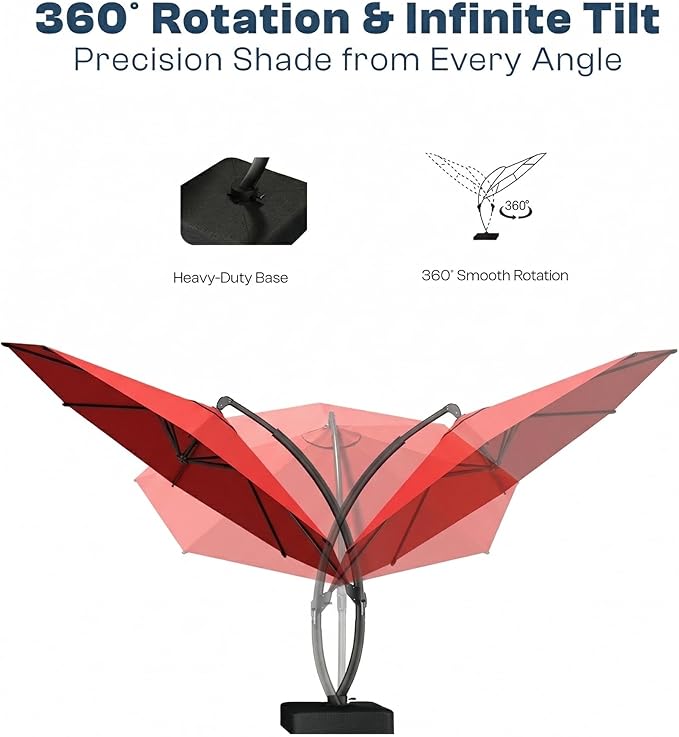 11 FT Cantilever Umbrella with Base Included, Large Round 360° Rotation Offset Umbrella Outdoor Patio, Heavy Duty Aluminum Frame, Sand-Weighted Stand, for Deck, Backyard, Pool, Garden (Red)