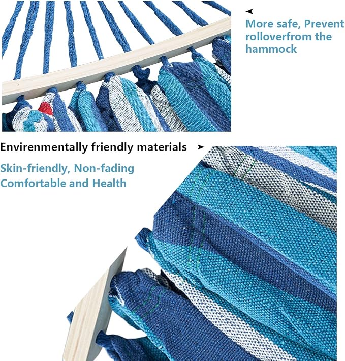 Brazilian Double Hammock 2 Person Canvas Cotton Hammock for Patio Porch Garden Backyard Lounging Outdoor,Indoor Blue/White Stripe Hammock