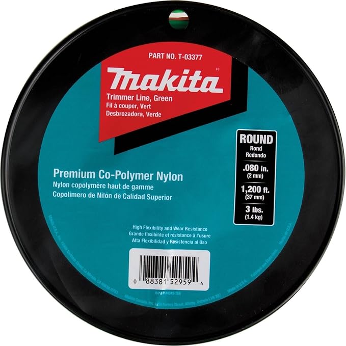 Makita XRU23Z 18V LXT® Lithium-Ion Brushless Cordless 13" String Trimmer, Tool Only & T-03377 Round Trimmer Line, 0.080”, Green, 1,200’, 3 lbs.