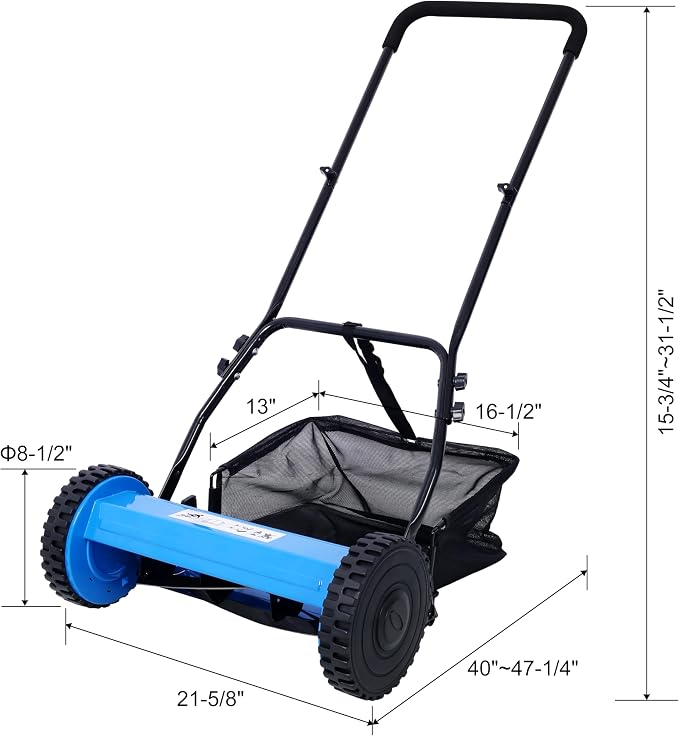 16-Inch 5-Blade Push Reel Lawn Mower with Grass Catcher, Adjustable Blade Height (Blue/16-Inch)