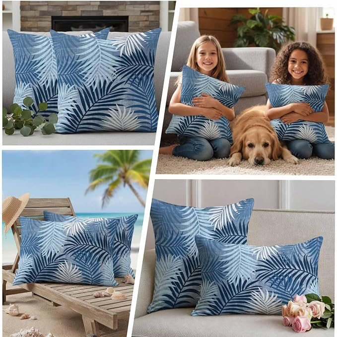 Blue Palm Leaves Waterproof Outdoor Pillow Covers Set of 2 Home Decor, Summer Tropical Leaf Plant Pillowcase Patio Pillow Covers for Couch Bench Patio Furniture Garden 18x18in