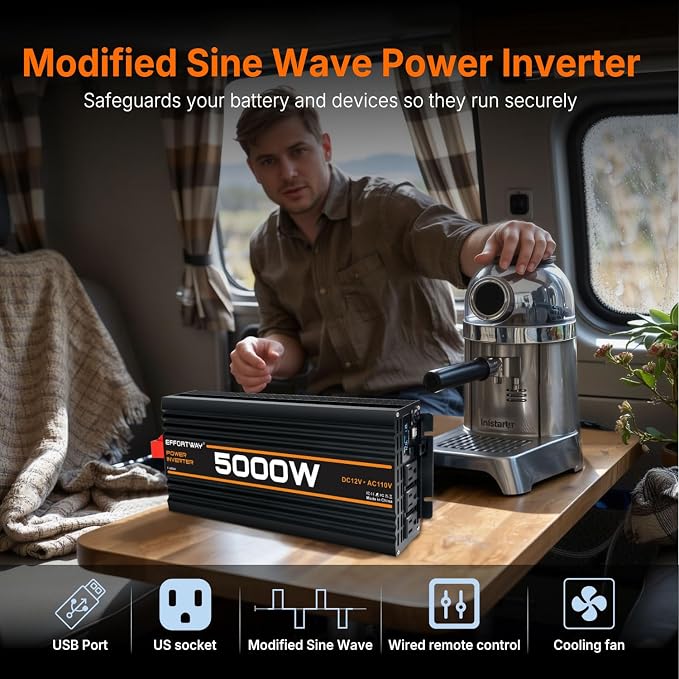 5000W Power Inverter, 12V DC to 110V/120V Modified Sine Wave Inverter with 3 AC Outlets, USB Port, Wired Remote Controller, Car Power Inverter for RV, Truck, Boat, Camping, Off-Grid