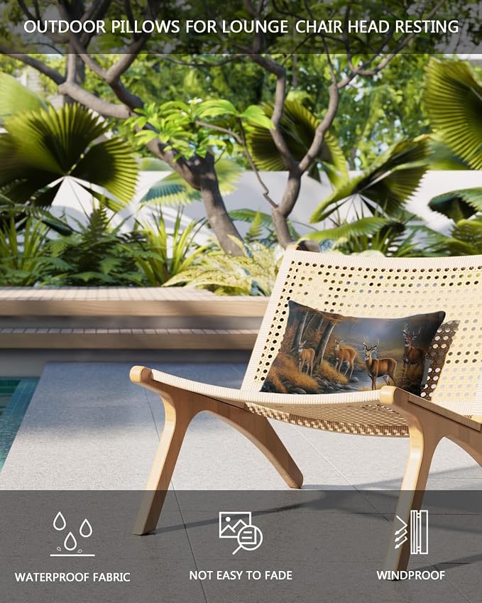 Outdoor Pillows Covers with Inserts Deers Stream in Forest Painting Waterproof Recliner Pillow with Adjustable Strap Throw Pillows for Patio Furniture Pool Lounge Chair, 11x16 inch, 1PCS