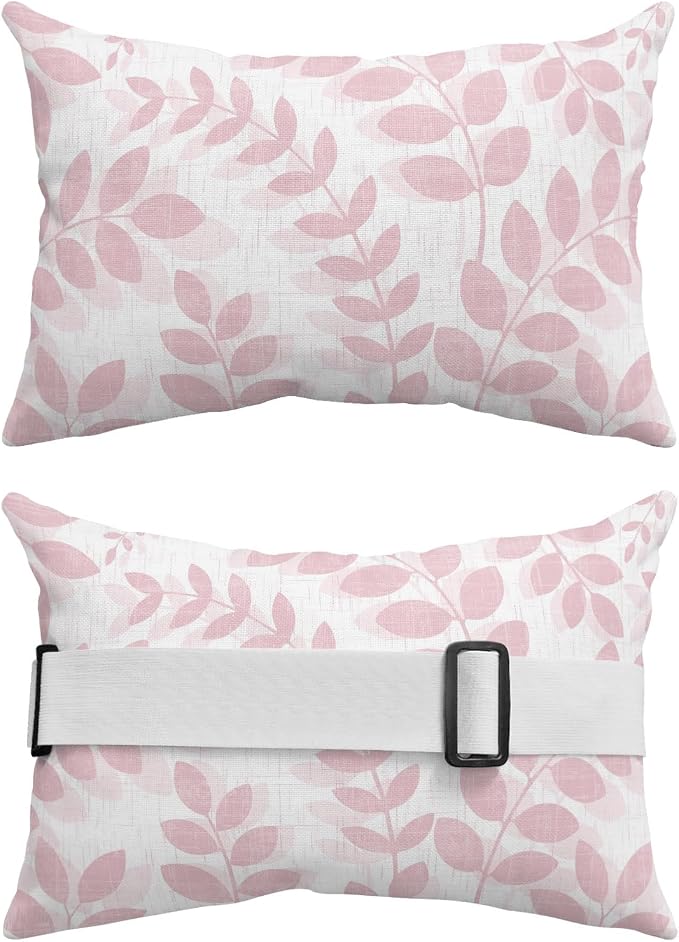Chaise Lounge Headrest Pillow 1 Pack, Pink Leaves Waterproof Chair Pillows with Insert & Adjustable Elastic Strap for Beach Recliner, Summer Farmhouse Botanical Leaf Boho Branch Outdoor Patio Pillow