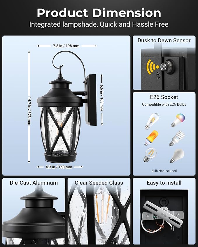 VIANIS 2-Pack Outdoor Wall Lights, Black Dusk to Dawn Porch Light Fixture, 100% Aluminum Outside Garage Lights with Glass Shade, Outdoor Sconce Lights Wall Lantern for House, Exterior Light for Patio