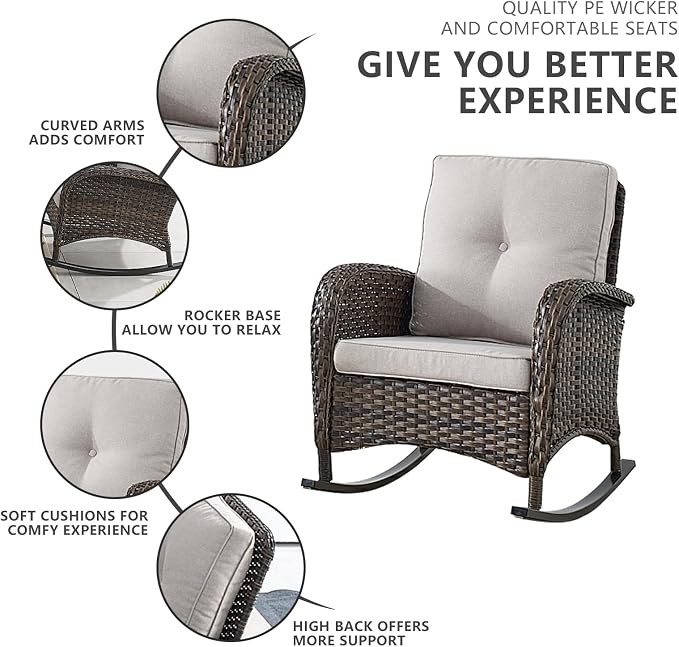Belord Patio Rocking Chairs Furniture Set of 6, Outdoor Wicker Furniture Sets with Wicker Rocker, Small Patio Conversation Sets with Outdoor Couch Ottomans Brown/Beige