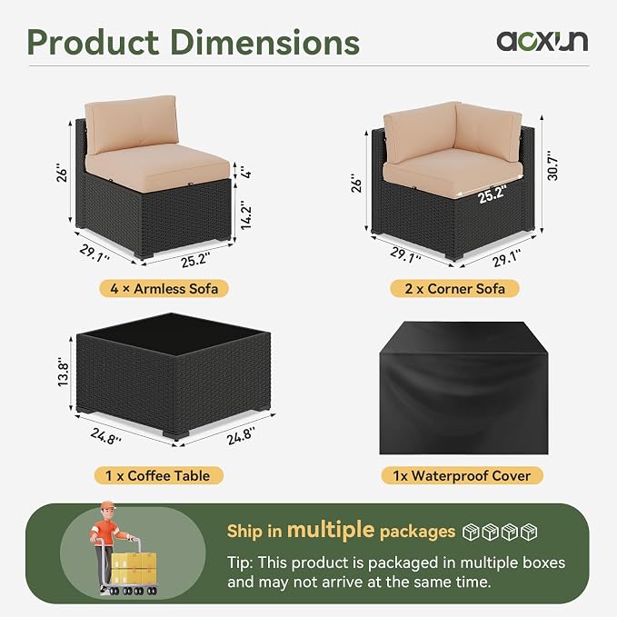 Aoxun 7 Piece Patio Furniture Set, Wicker Rattan Patio Sectional Sofa, Outdoor Furniture Set with Thickened Cushion, Beige