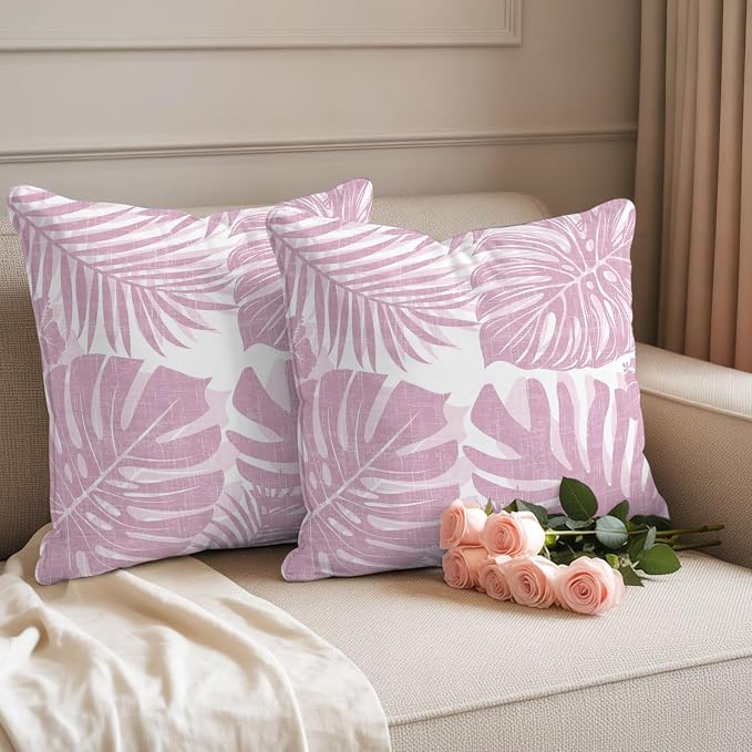 Pink Palm Leaves Outdoor Pillow Covers 20"x20" Set of 2, Tropical Botanical Minimalist Modern Waterproof Throw Pillow Covers for Patio Furniture, Decorative Cushion Covers for Porch