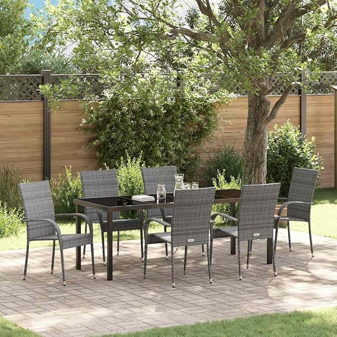 7 Piece Garden Dining Set, Outdoor Patio Furniture with 6 Chairs and Steel Table, Grey Weather-Resistant Dining Furniture for Backyard Deck Balcony