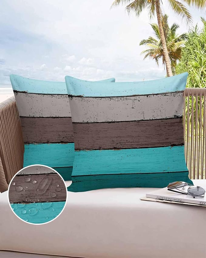 Outdoor Throw Pillow Covers 24X24 Set of 2 Waterproof Ombre Peacock Blue Gray Decorative Zippered Cushion Covers for Patio Furniture, Farmhouse Retro Rustic Barn Wood Texture Lumbar Pillowcases