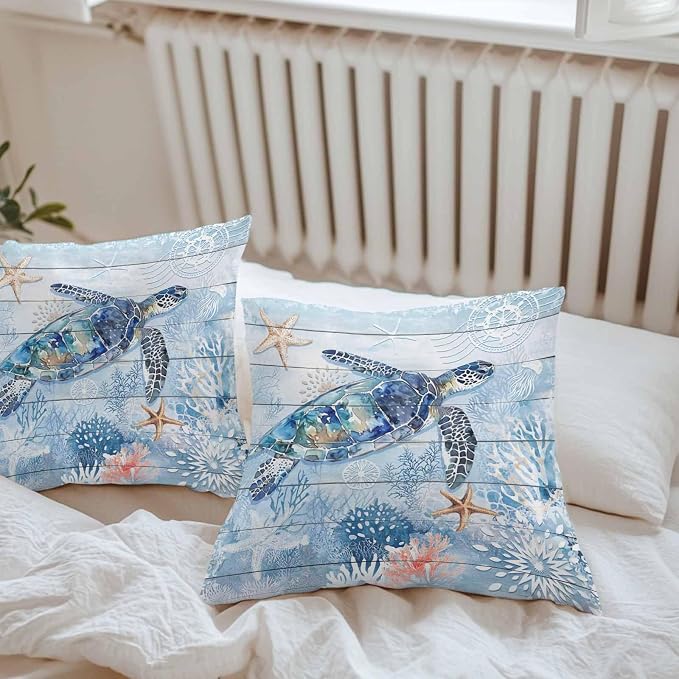 Coastal Turtle Waterproof Outdoor Pillow Covers Set of 2 Home Decor, Blue Nautical Starfish Coral Jellyfish Pillowcase Patio Pillow Covers for Couch Bench Furniture Garden 16x16in