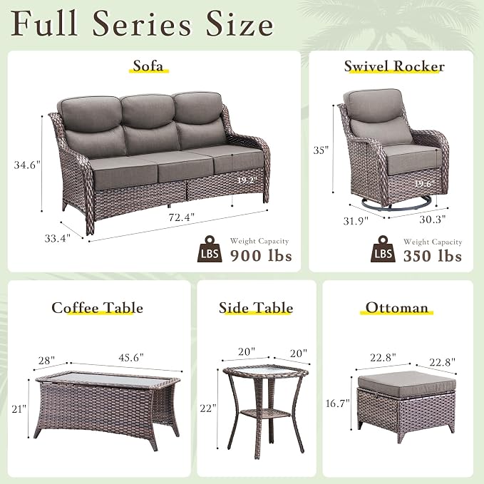 Luxury Outdoor Furniture Set with Swivel Chairs, High Back Swivel Patio Chairs with Ottoman, Side Table & 6-Inch Thick Cushions, Wicker Patio Furniture Set for Porch, Yard, Deck, Poolside, Brown/Grey